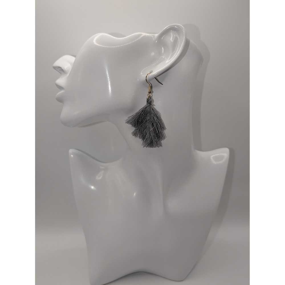 Handmade Gray Fringe Tassel Earrings Three-Tiered Design Gold Tone 2.5" NEW
